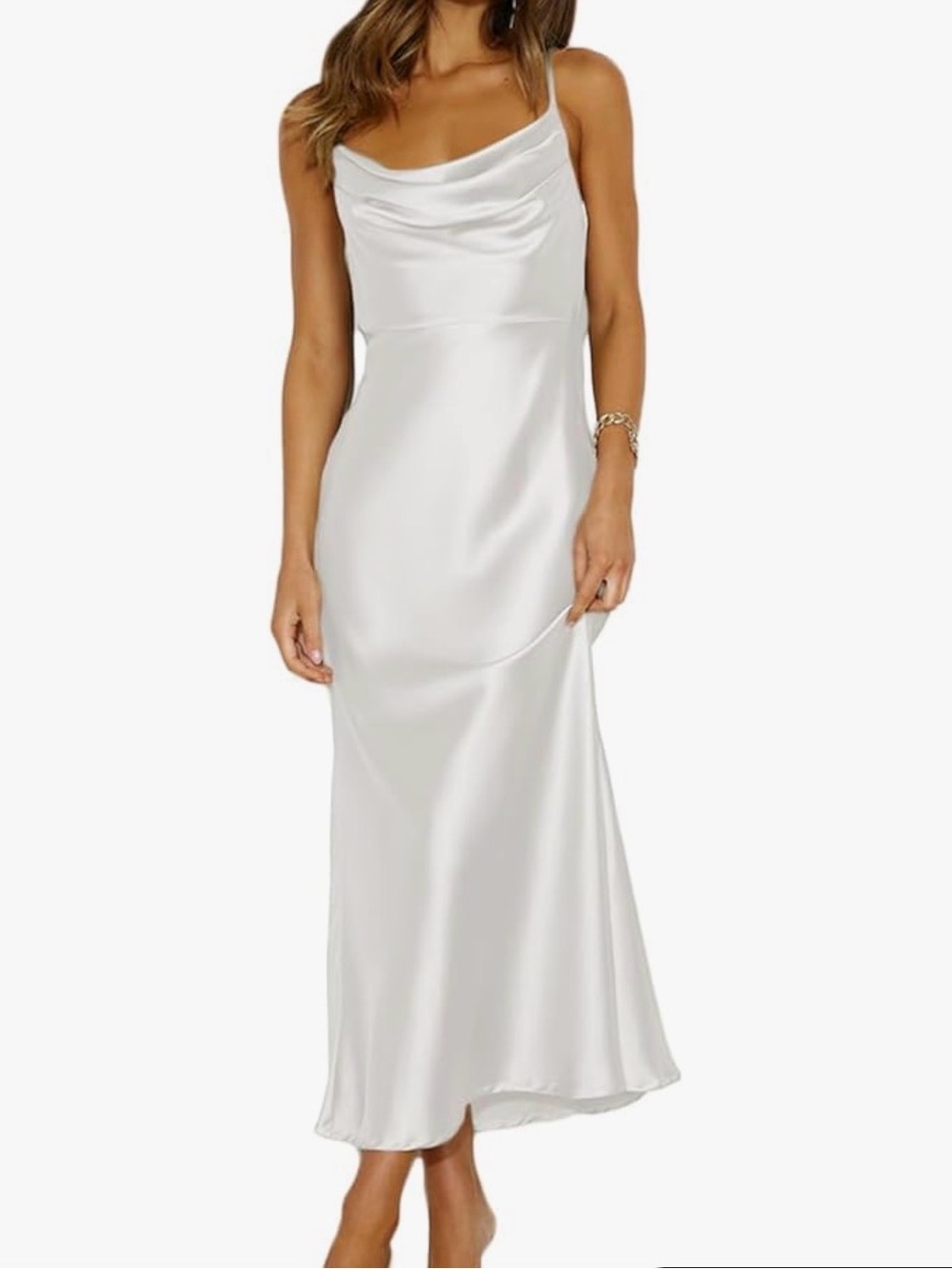 Elegant White Satin Cowl Neck Slip Dress
